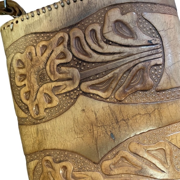 Vintage Hand Tooled Brown Leather Purse Adjustable Wide Strap Handbag - Picture 10 of 15